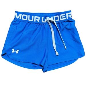 Girls Under Armour HeatGear Shorts YSM Blue Logo Waistband – Like New